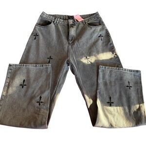 PrettyLittleThing Washed Grey Cross Print Wide Leg Jeans Womens 12 Gothic Sz 12